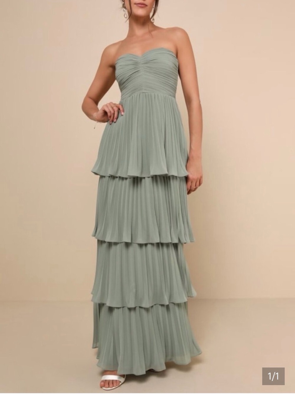 Lulu's Sage Green Tiered Pleated Strapless Maxi Dress